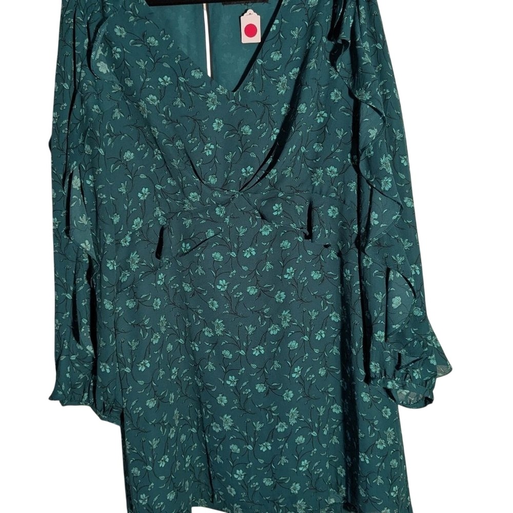 Forest Lily Teal/Green Floral V-Neck Mini Dress Ruffle Long Sleeve Green Womens